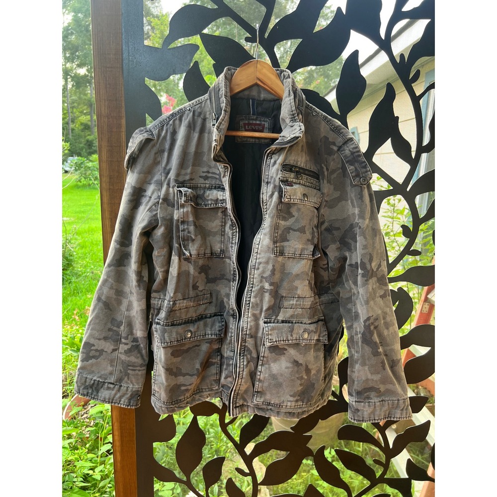 Levis Mens Camo Field Jacket Grey Camouflage Utility Military‎ Coat Zip Hood